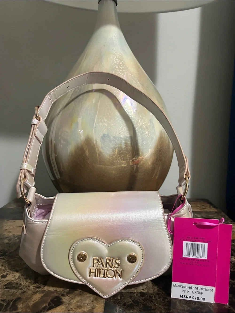 Paris Hilton Iridescent Pearl Pink Heart-Front Shoulder Bag